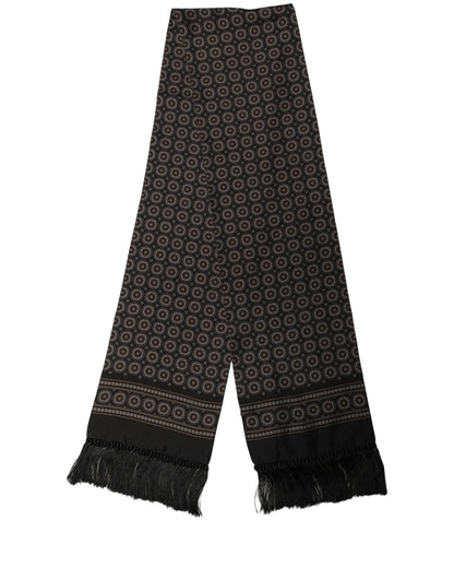 Black Silk Geometric Fringed Neck Shawl Scarf