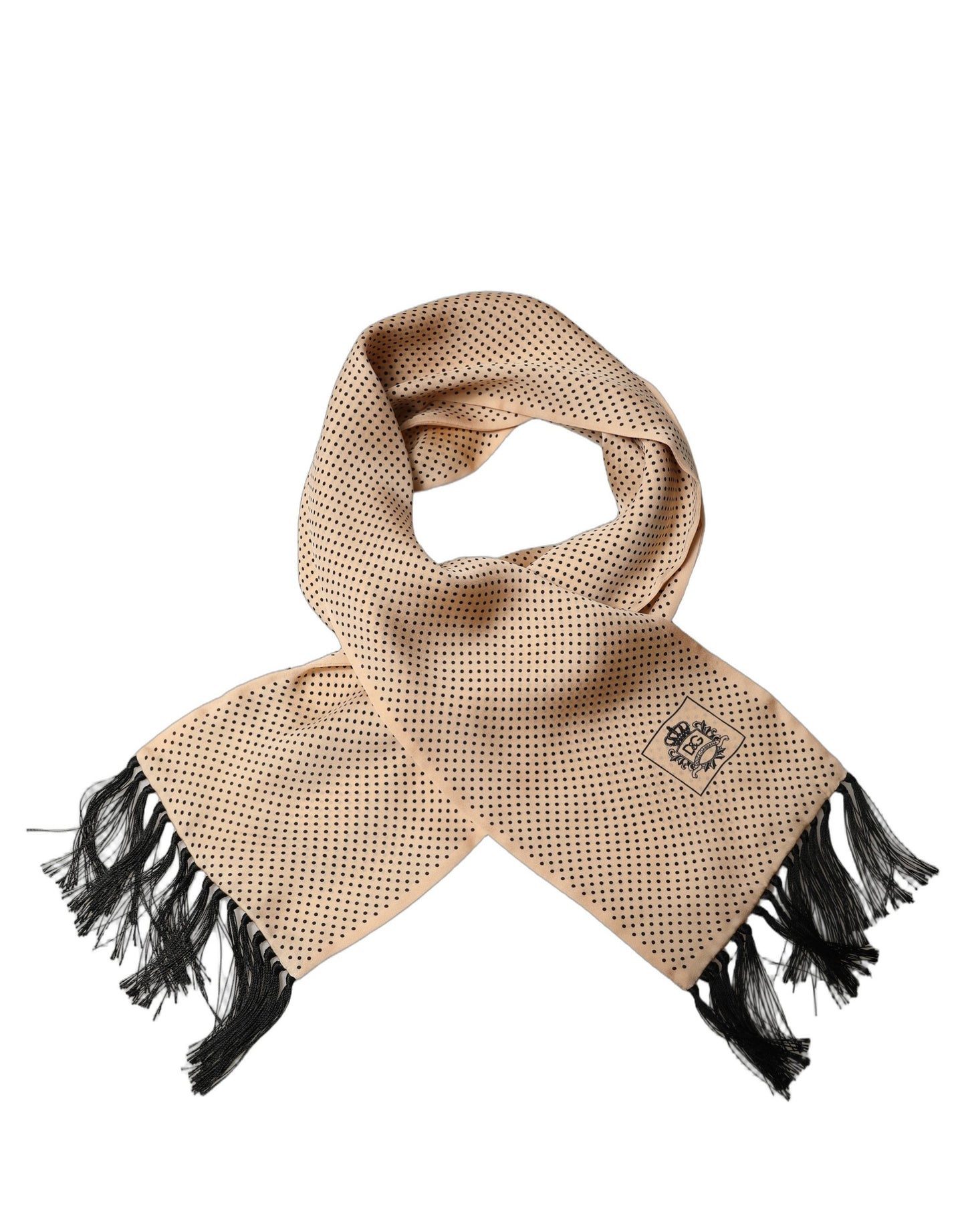 Beige Silk Dotted Fringed Neck Shawl Scarf