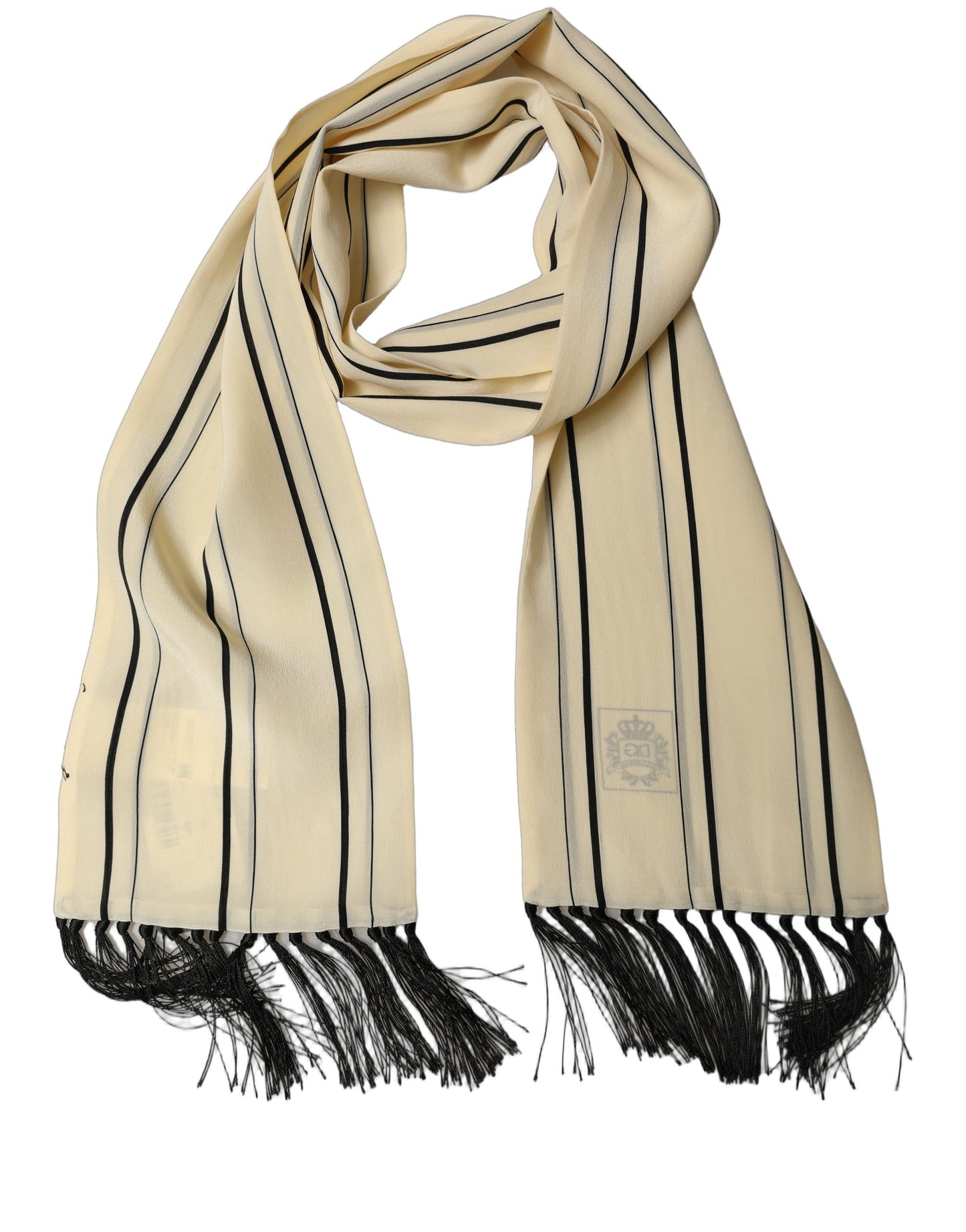 Beige Silk Striped Fringed Neck Shawl Scarf