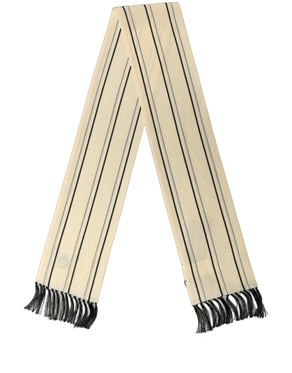 Beige Silk Striped Fringed Neck Shawl Scarf