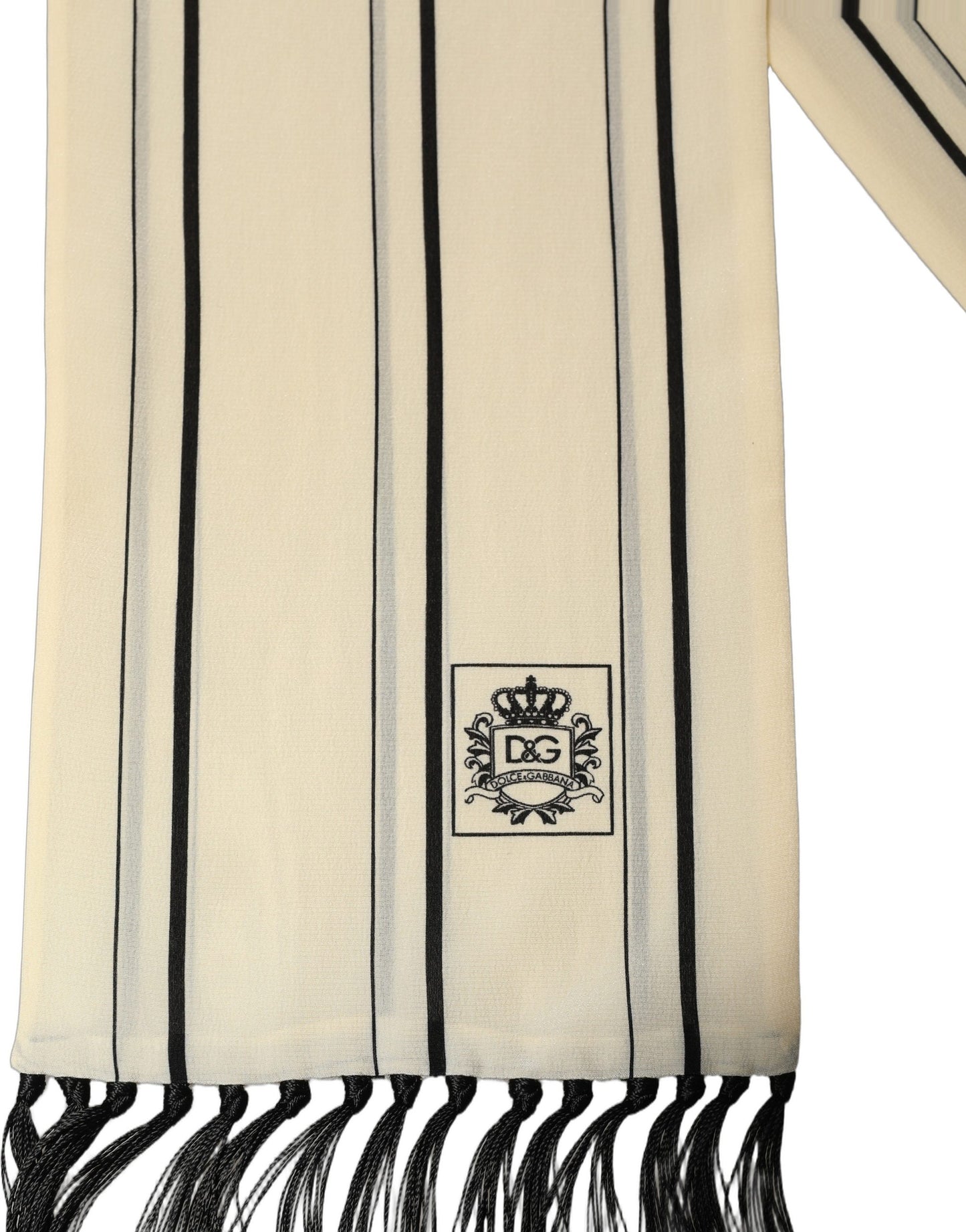 Beige Silk Striped Fringed Neck Shawl Scarf