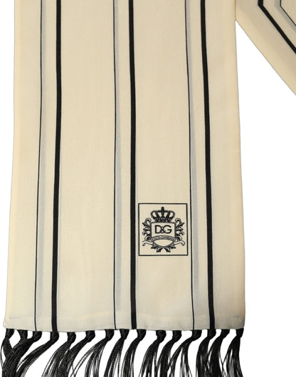 Beige Silk Striped Fringed Neck Shawl Scarf
