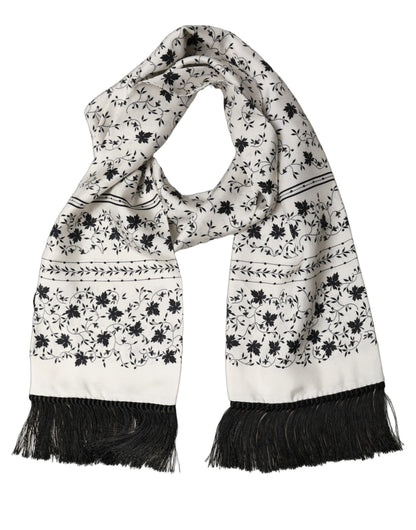 White Floral Silk Fringed Neck Shawl Scarf