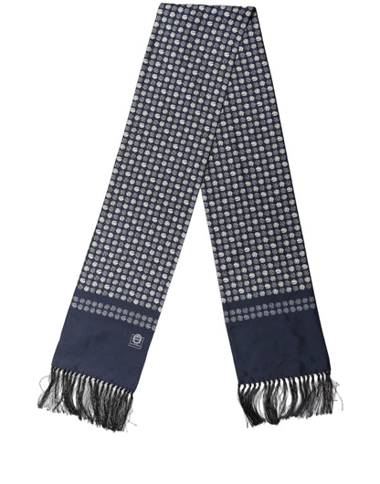 Men Navy Blue Geometric Dot Silk Fringed Neck Shawl Scarf