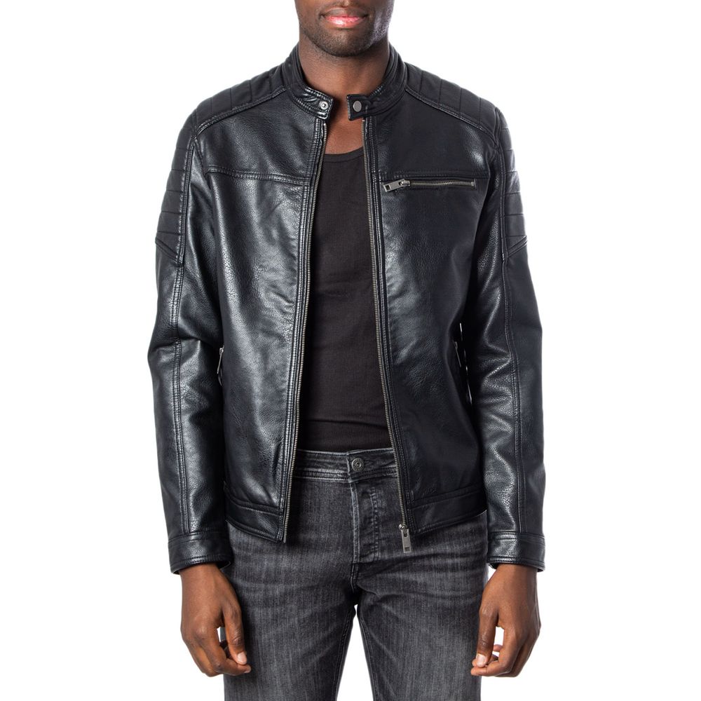 Black Artificial Leather Leather Jacket