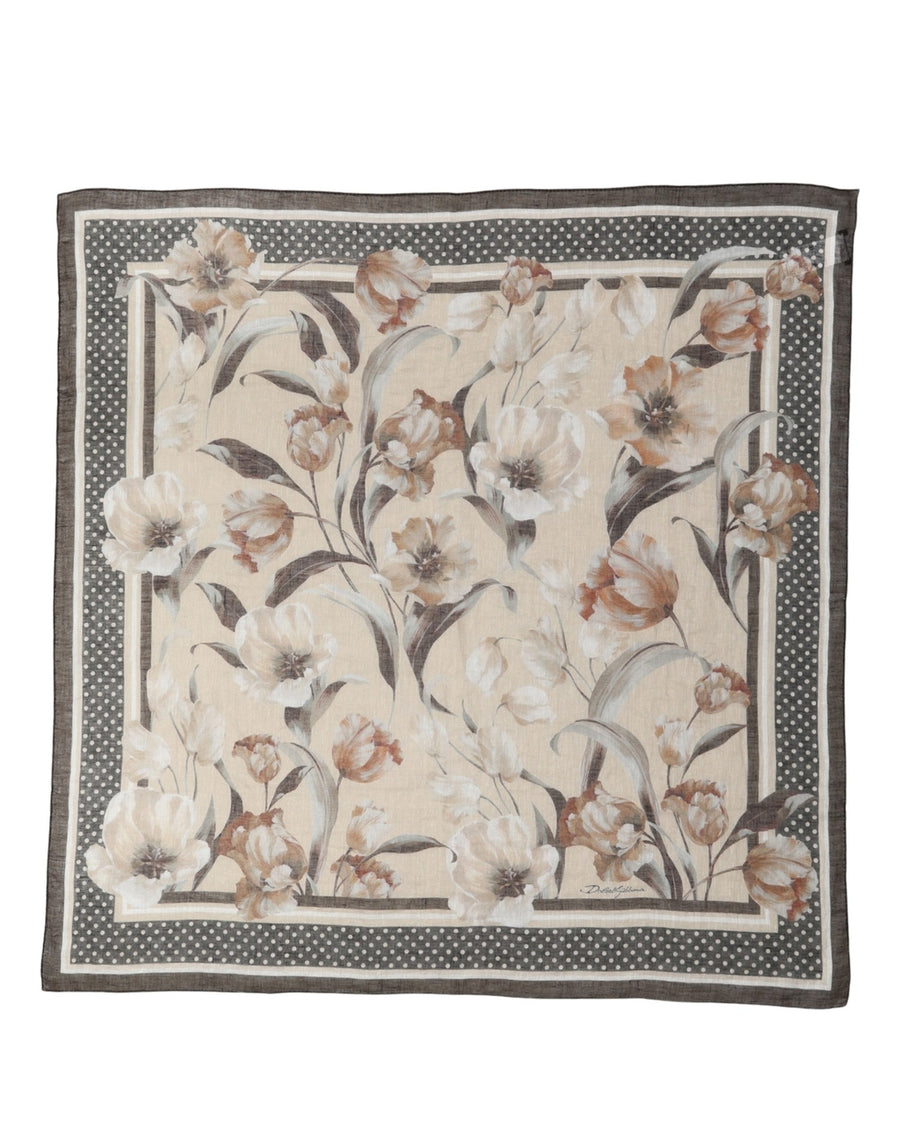 Men Beige Floral Linen Square Foulard Scarf