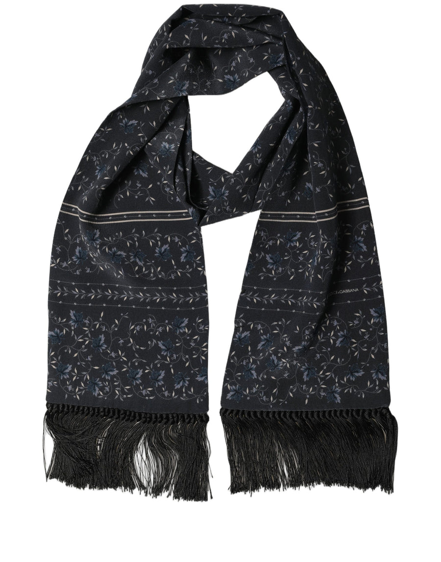 Blue Floral Silk Fringed Neck Shaw Scarf