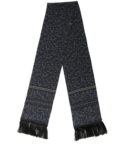 Blue Floral Silk Fringed Neck Shaw Scarf
