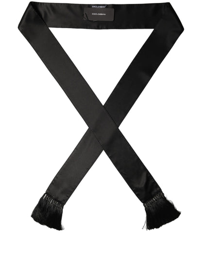 Black Satin Silk Skinny Fringed Shawl Scarf