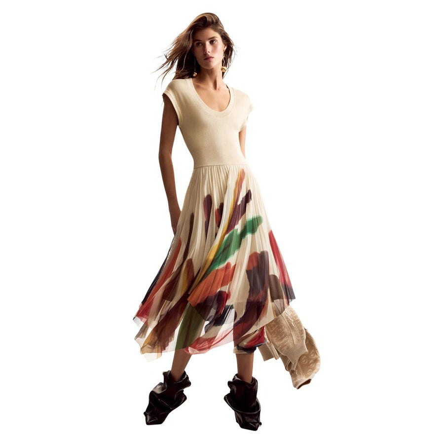 Beige Polyester Long Dress