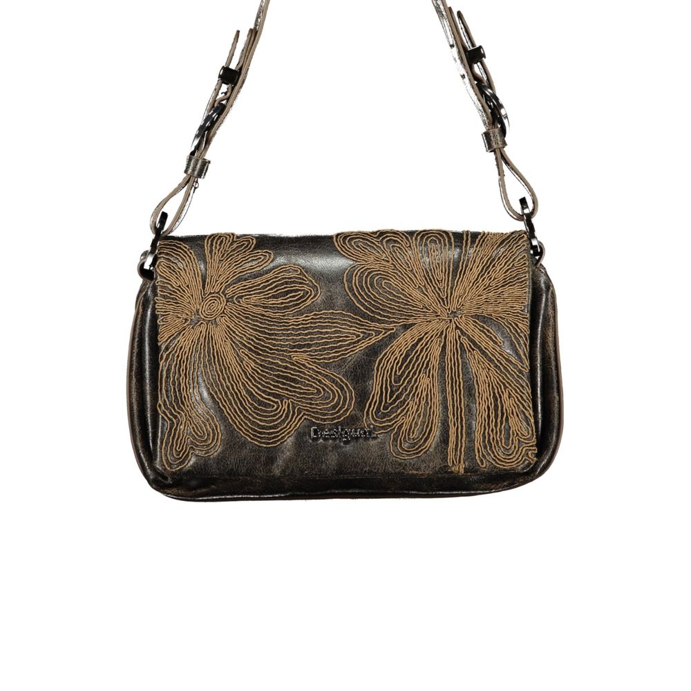 Brown Polyurethane Women's Bag with Embroidery and Magnet Closure