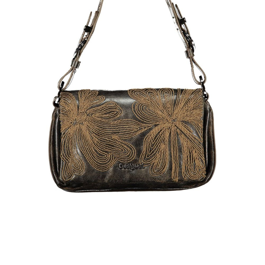 Brown Polyurethane Women's Bag with Embroidery and Magnet Closure