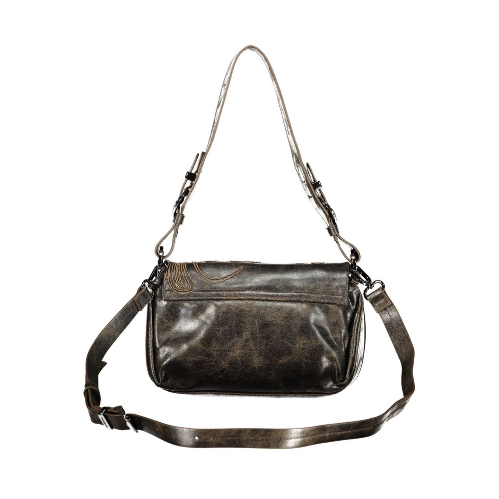 Brown Polyurethane Women's Bag with Embroidery and Magnet Closure