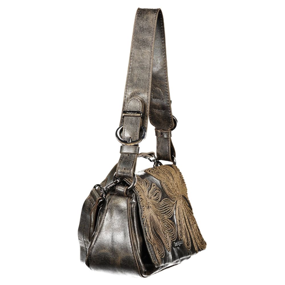 Brown Polyurethane Women's Bag with Embroidery and Magnet Closure
