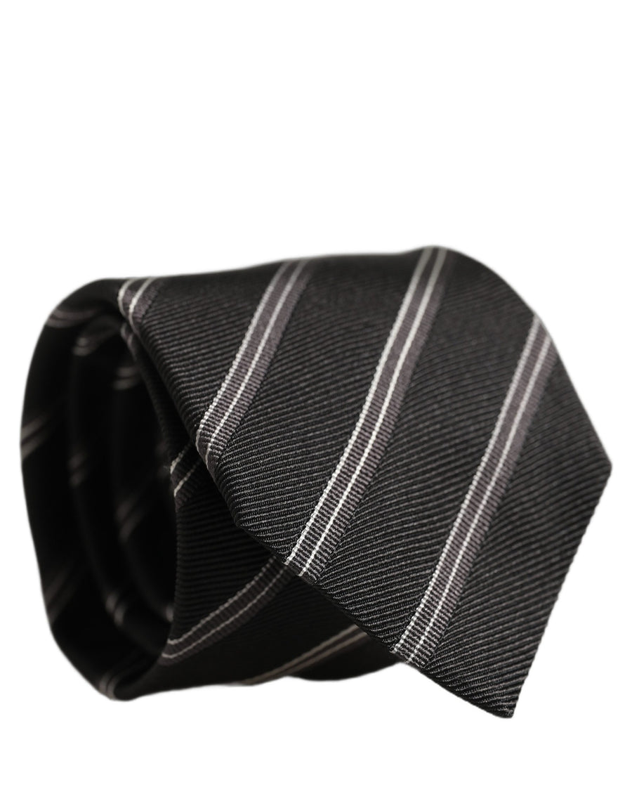 Men Black Silk Stripes Adjustable Tied Necktie Tie