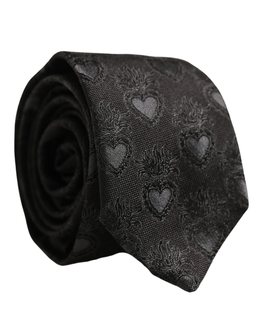 Men Black Silk Sacred Heart Adjustable Tied Necktie Tie