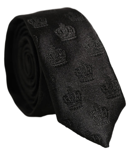 Men Black Crown Pattern Silk Adjustable Tied Necktie Tie