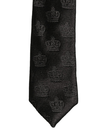 Men Black Crown Pattern Silk Adjustable Tied Necktie Tie