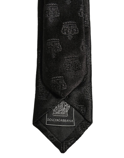 Men Black Crown Pattern Silk Adjustable Tied Necktie Tie