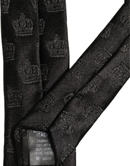 Men Black Crown Pattern Silk Adjustable Tied Necktie Tie