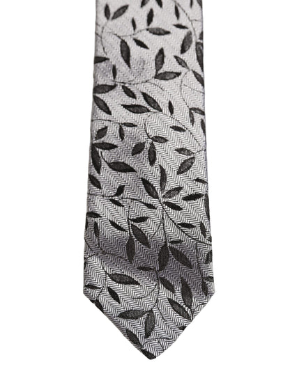 Men Gray Silk Leaf Pattern Adjustable Tied Necktie Tie