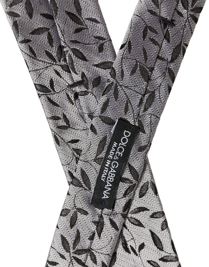 Men Gray Silk Leaf Pattern Adjustable Tied Necktie Tie