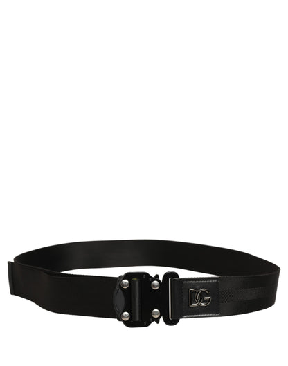 Men Black Fabric Strap Logo Metal Buckle Belt