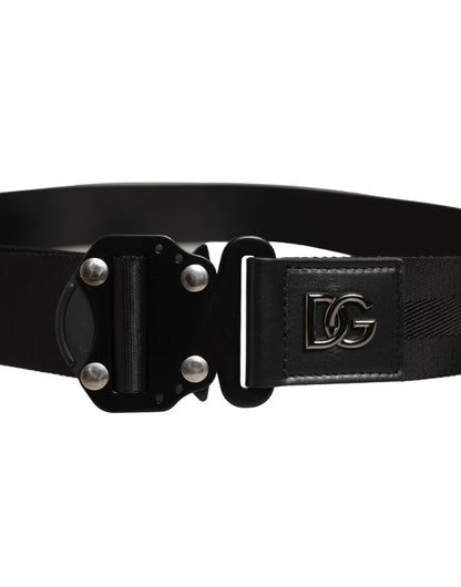 Men Black Fabric Strap Logo Metal Buckle Belt