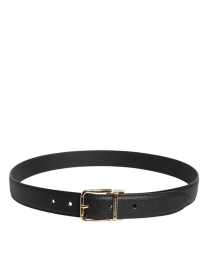 Black Grained Leather Gold Metal Buckle Belt