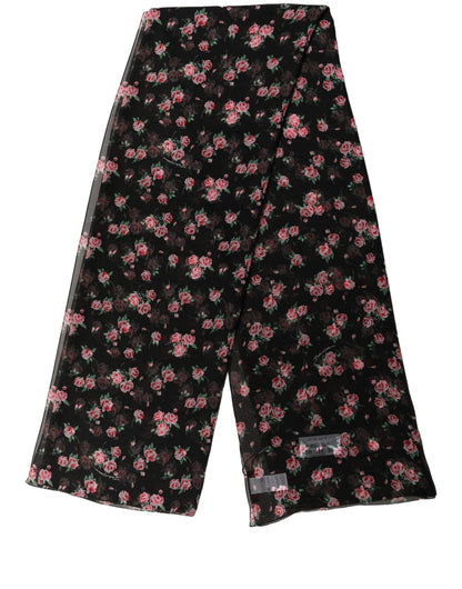 Black Silk Floral Chiffon Long Stole Scarf