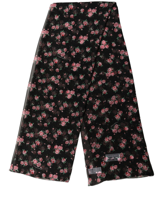 Black Silk Floral Chiffon Long Stole Scarf