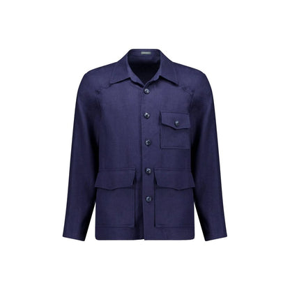Navy Blue Linen Full-Length Jacket