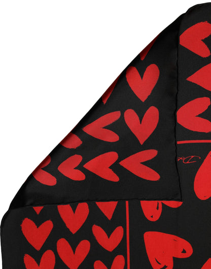 Black Red Silk Hearts Square Foulard Scarf