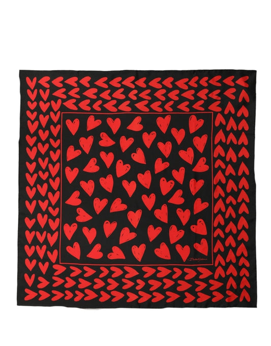 Black Red Silk Hearts Square Foulard Scarf