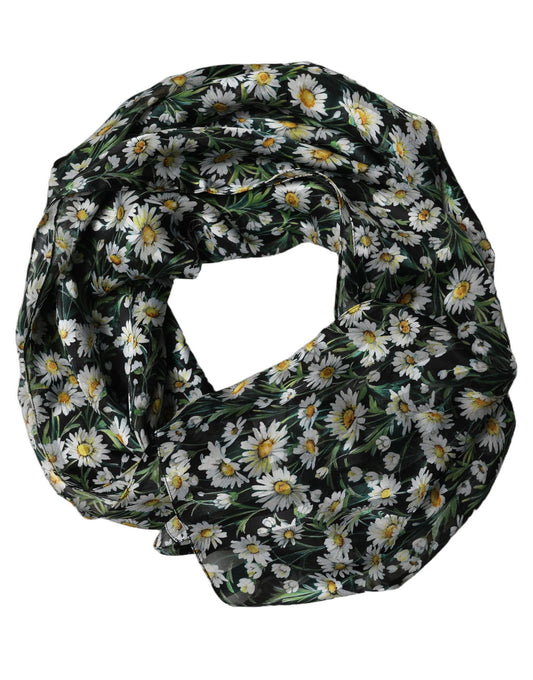 Black Floral Daisy Square Foulard Scarf