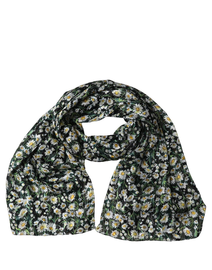 Black Silk Daisy Chiffon Long Stole Scarf