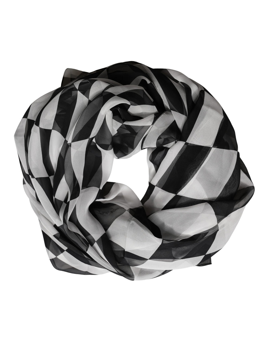 White Black Checkered Silk Foulard Scarf