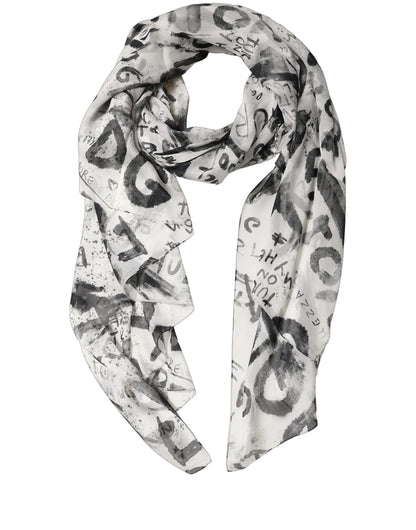 White Graffiti Logo Silk Shawl Stole Scarf