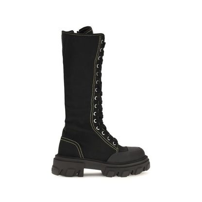 Black Cotton Lace-Up Boots