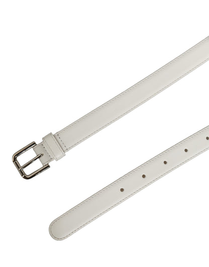 White Leather Silver Tone Metal Buckle Belt