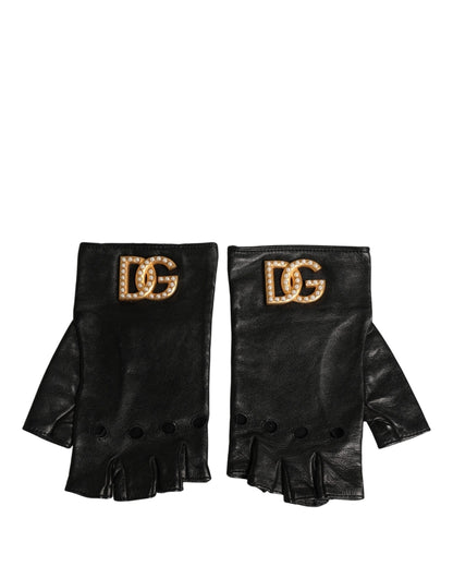 Black Embellished Wrist Length Fingerless Gloves