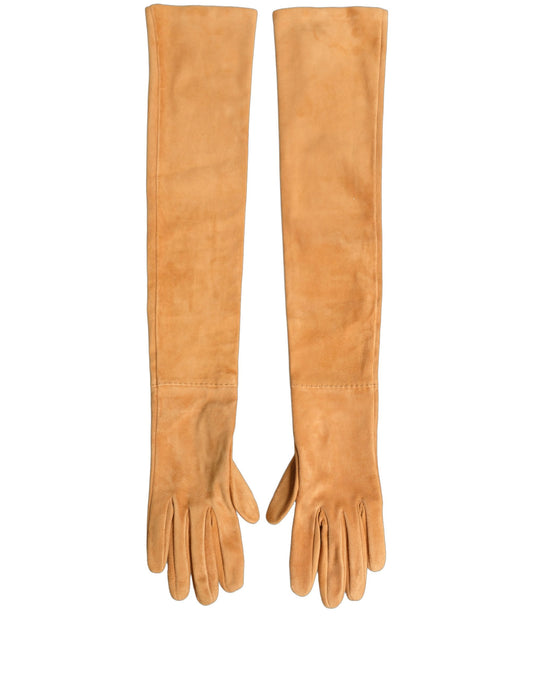Tan Genuine Leather Suede Elbow Length Gloves