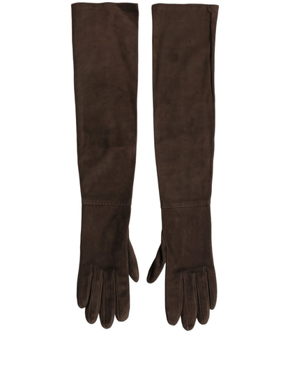 Brown Genuine Leather Suede Elbow Length Gloves