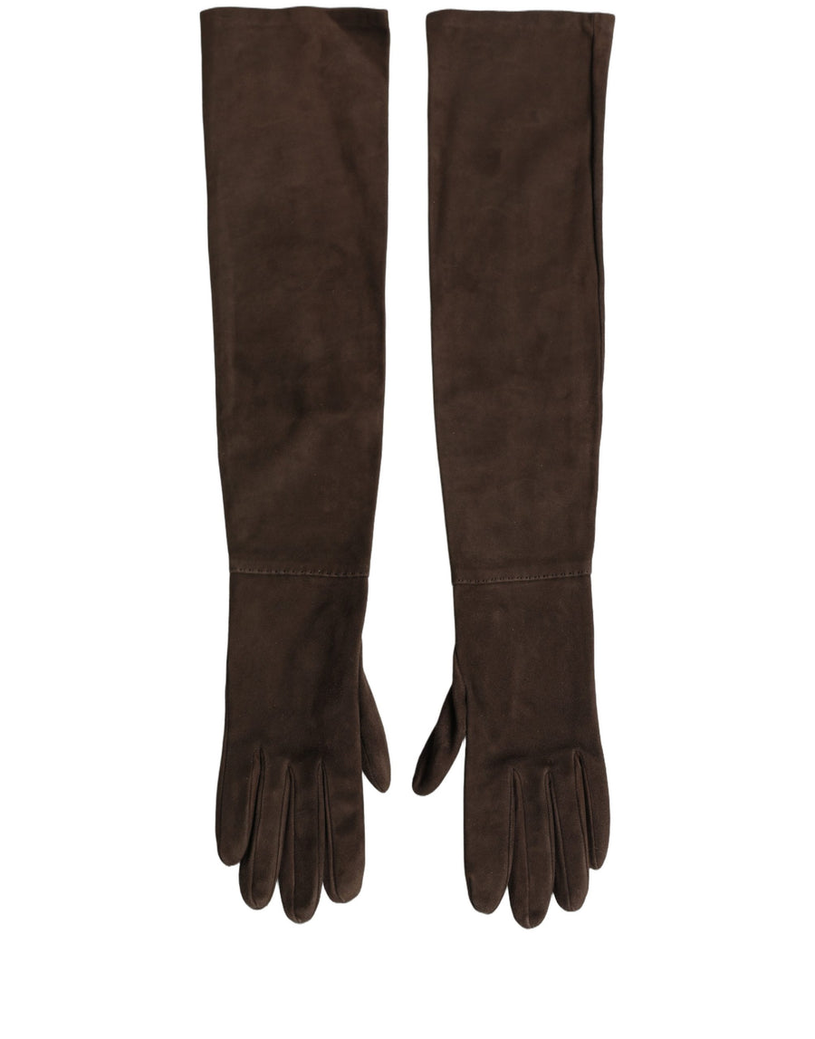 Brown Genuine Leather Suede Elbow Length Gloves