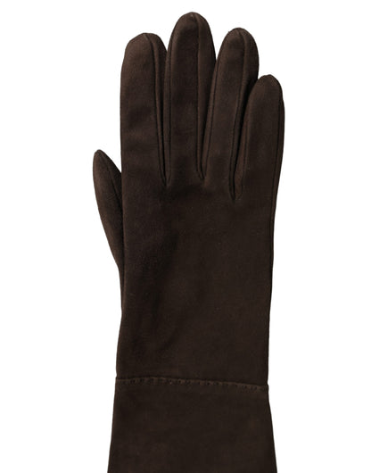 Brown Genuine Leather Suede Elbow Length Gloves