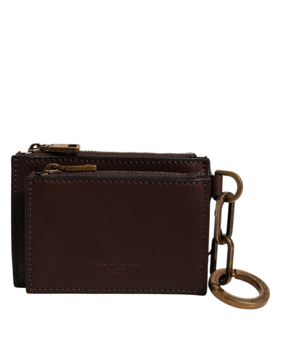 Brown Leather Logo Embossed Key Chain Coin Purse Wallet