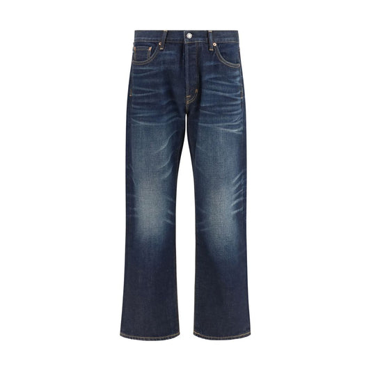 Blue Cotton Straight-Leg Jeans