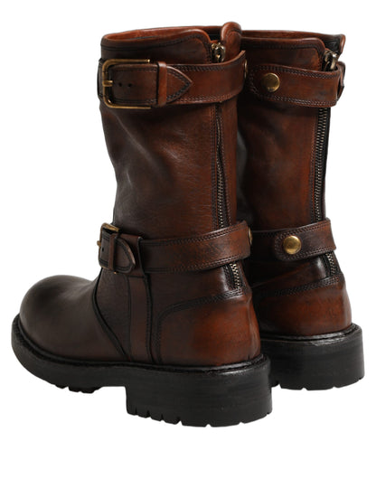 Brown Leather Mid Calf Biker Boots Shoes