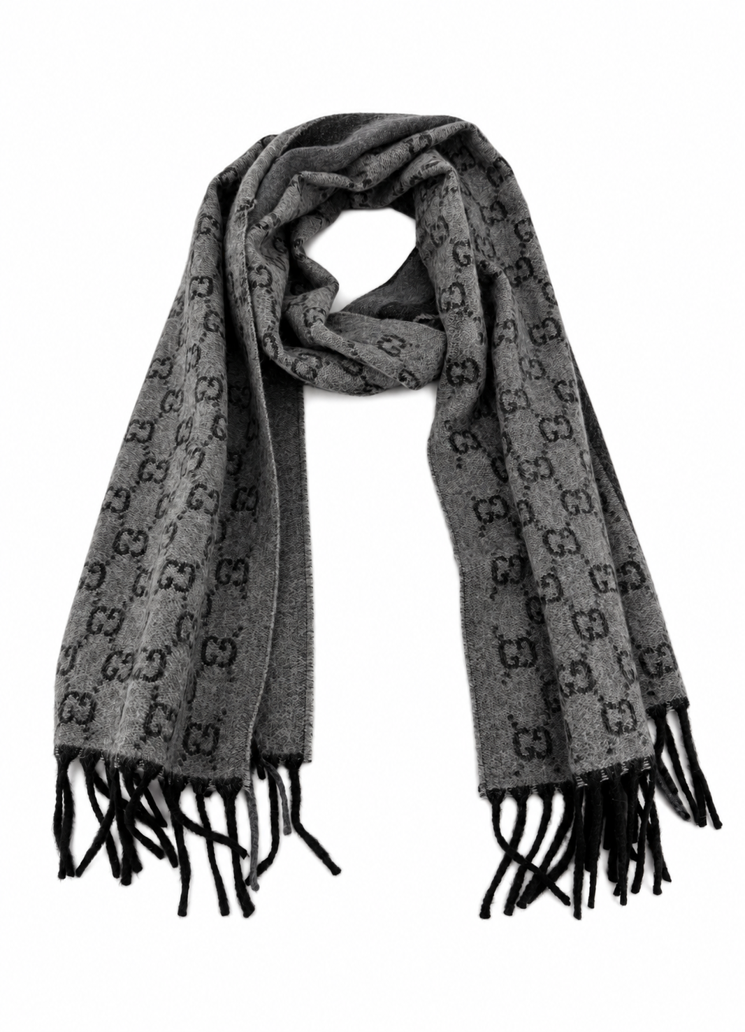 Monogram Grey Wool Scarf with Fringe