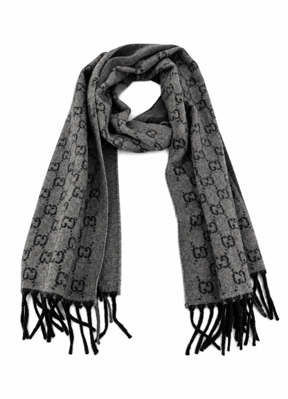 Monogram Grey Wool Scarf with Fringe